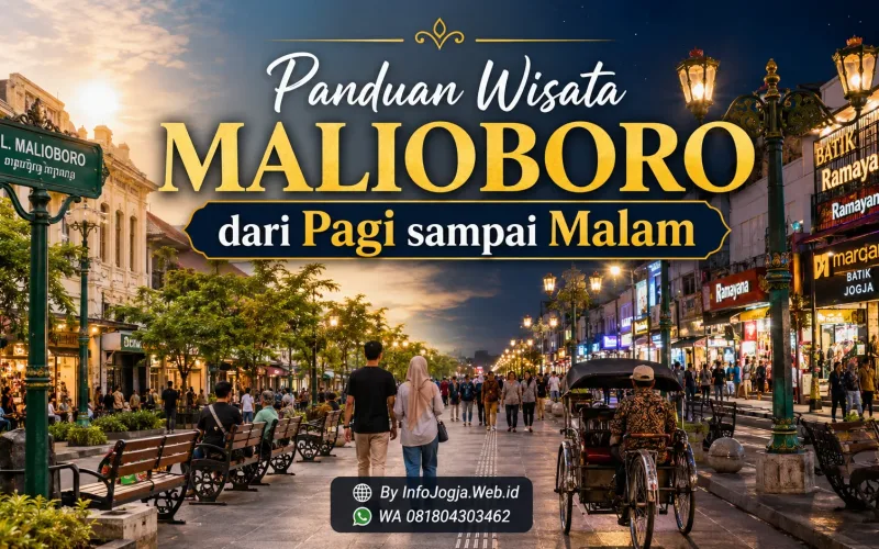 Suasana wisata Malioboro pada malam hari dengan pedestrian, lampu jalan, wisatawan, dan pertokoan